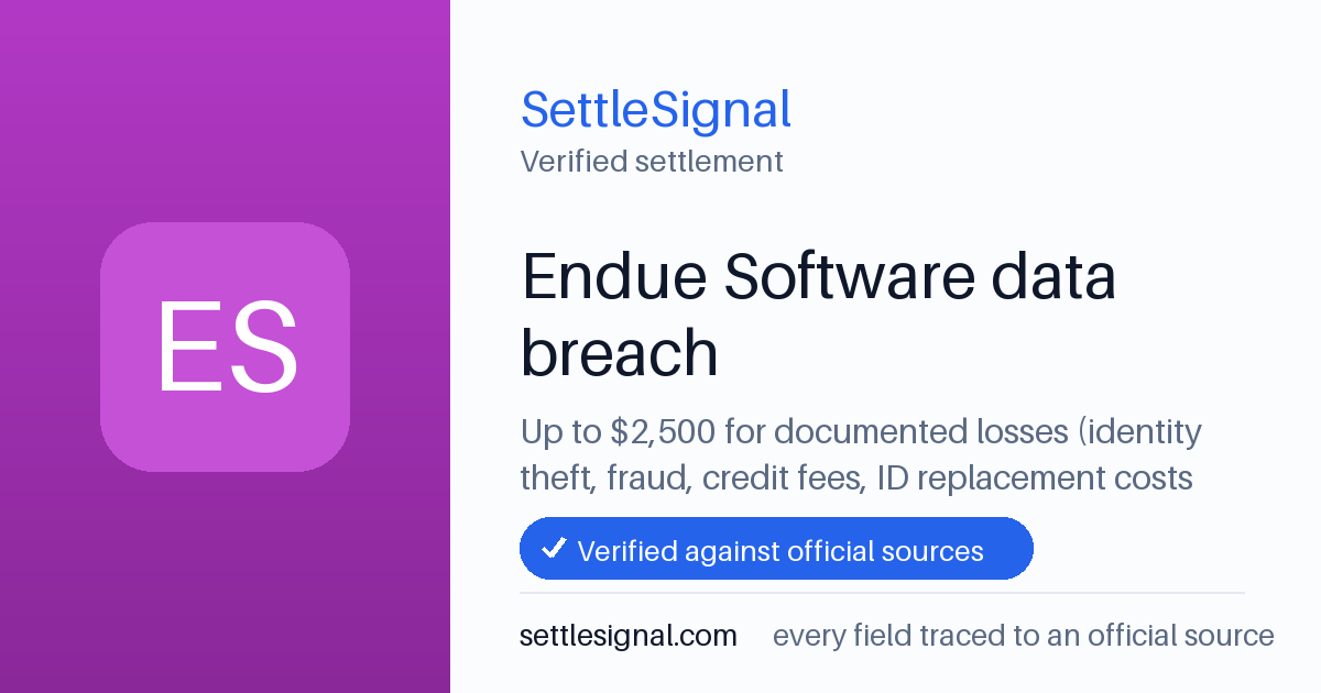 SettleSignal summary card for Endue Software data breach — up to $2,500, claim by June 30, 2026. Checked against the official settlement source on June 15, 2026.