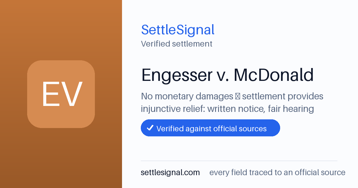 SettleSignal summary card for Engesser v. McDonald. Checked against the official settlement source on June 17, 2026.