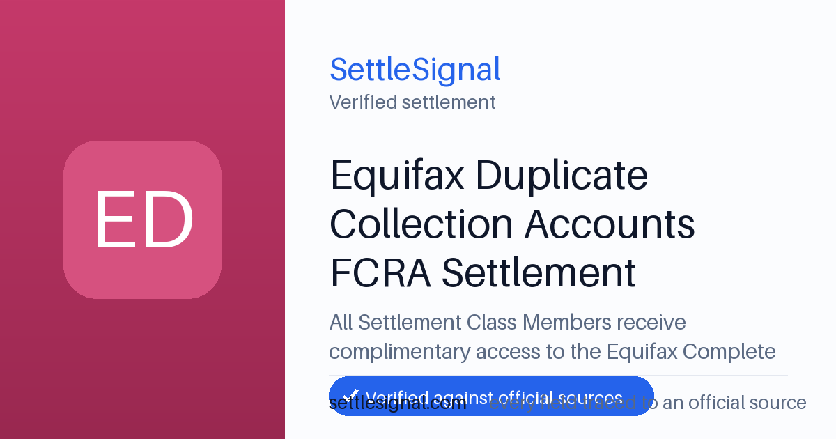 SettleSignal summary card for Equifax Duplicate Collection Accounts FCRA Settlement — $59.70, claim by September 1, 2026. Checked against the official settlement source on July 17, 2026.