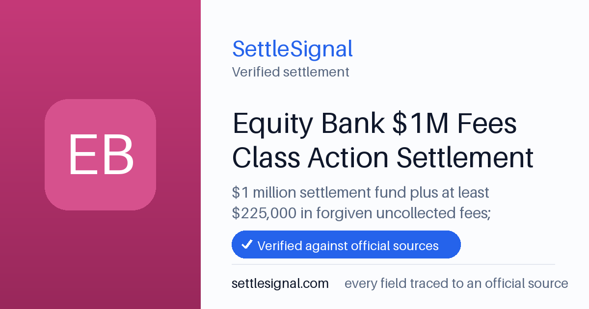 SettleSignal summary card for Equity Bank $1M Fees Class Action Settlement — $1M fund. Checked against the official settlement source on June 20, 2026.