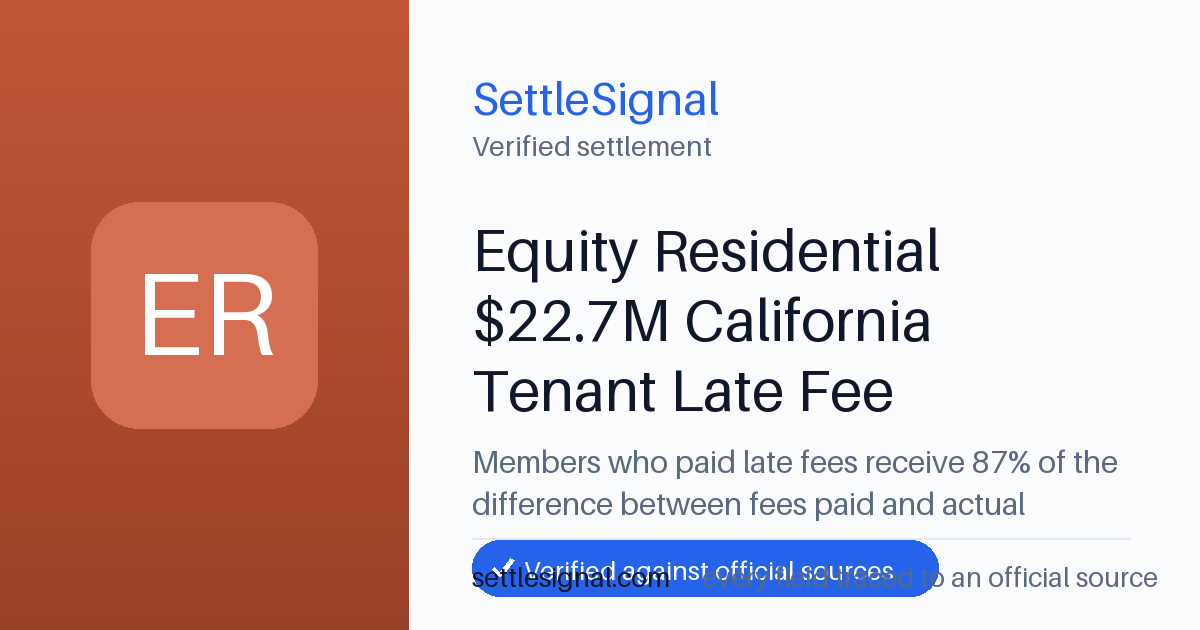 SettleSignal summary card for Equity Residential $22.7M California Tenant Late Fee Settlement — $22.51. Checked against the official settlement source on June 19, 2026.
