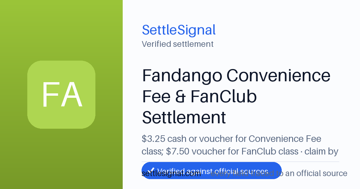 SettleSignal summary card for Fandango Convenience Fee & FanClub Settlement — $3.25, claim by August 17, 2026. Checked against the official settlement source on June 9, 2026.