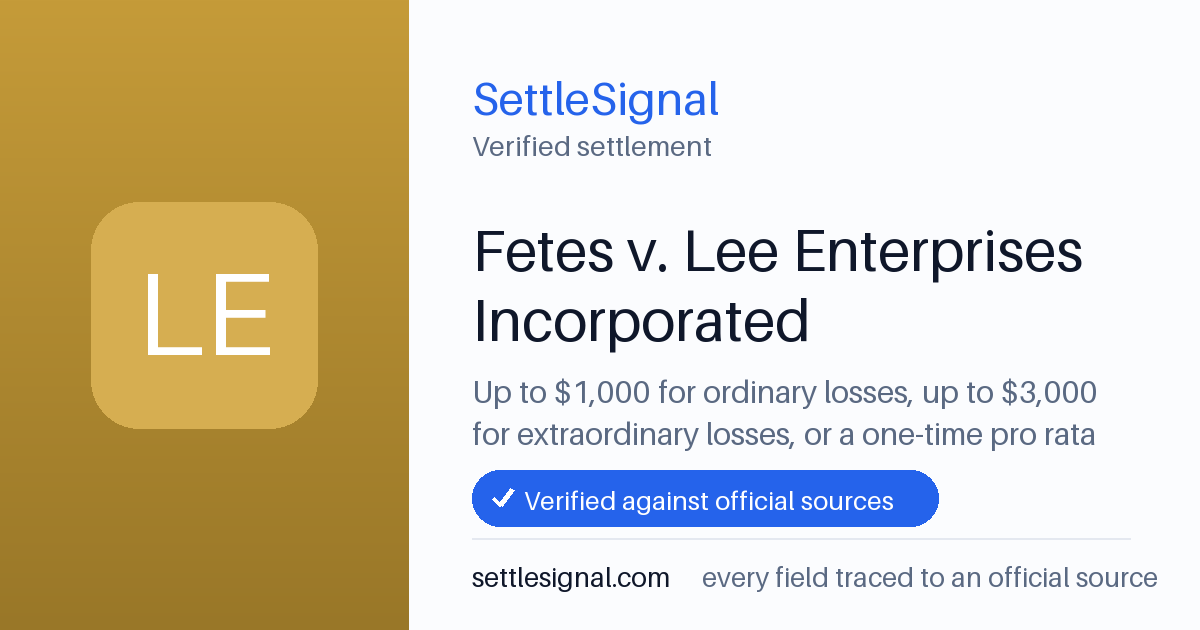 SettleSignal summary card for Fetes v. Lee Enterprises Incorporated — up to $1,000, claim by May 26, 2026. Checked against the official settlement source on June 18, 2026.