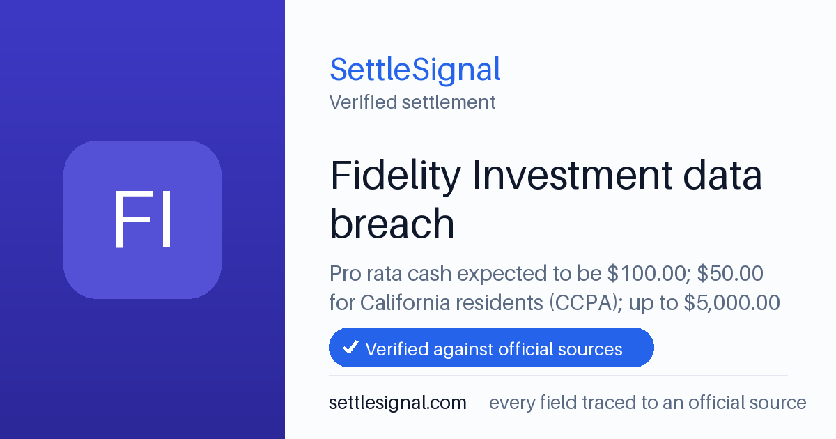 SettleSignal summary card for Fidelity Investment data breach — $100, claim by July 27, 2026. Checked against the official settlement source on June 20, 2026.