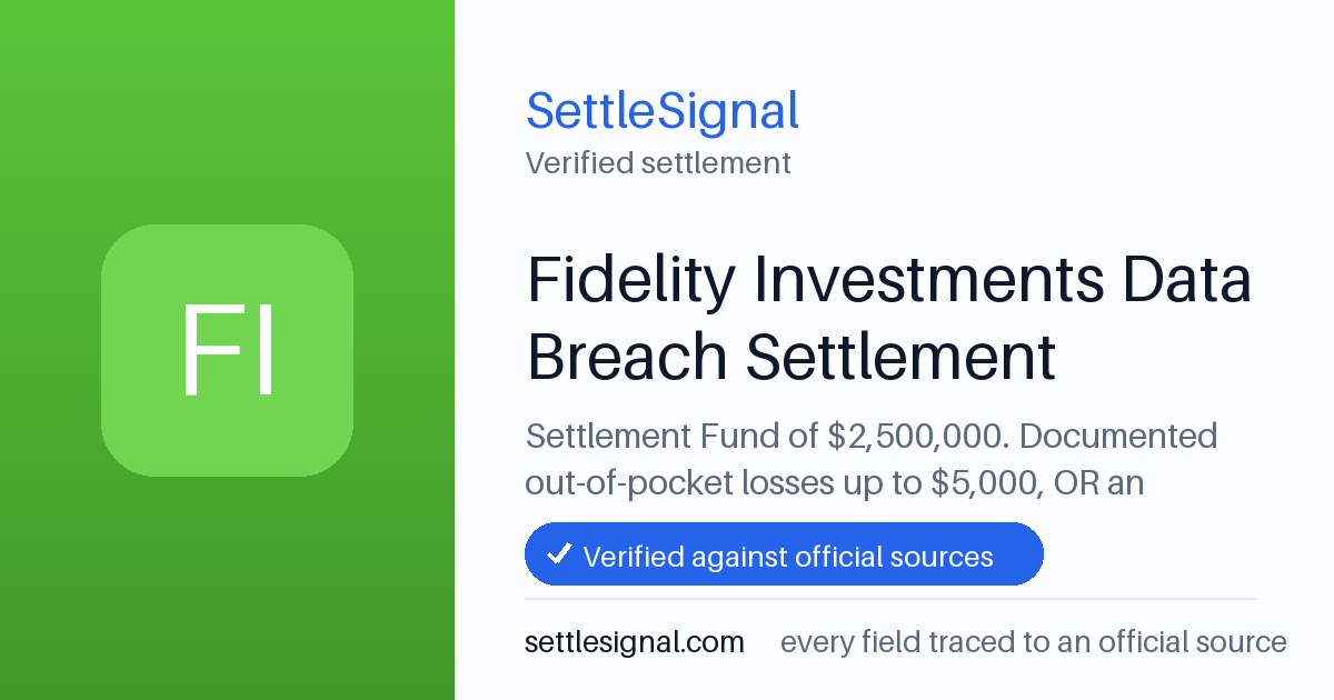 SettleSignal summary card for Fidelity Investments Data Breach Settlement — $2.5M fund, claim by July 27, 2026. Checked against the official settlement source on June 28, 2026.