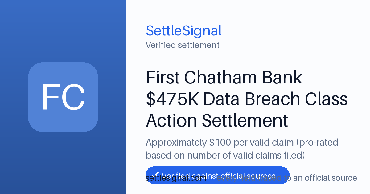 SettleSignal summary card for First Chatham Bank $475K Data Breach Class Action Settlement — $100, claim by June 3, 2026. Checked against the official settlement source on June 19, 2026.