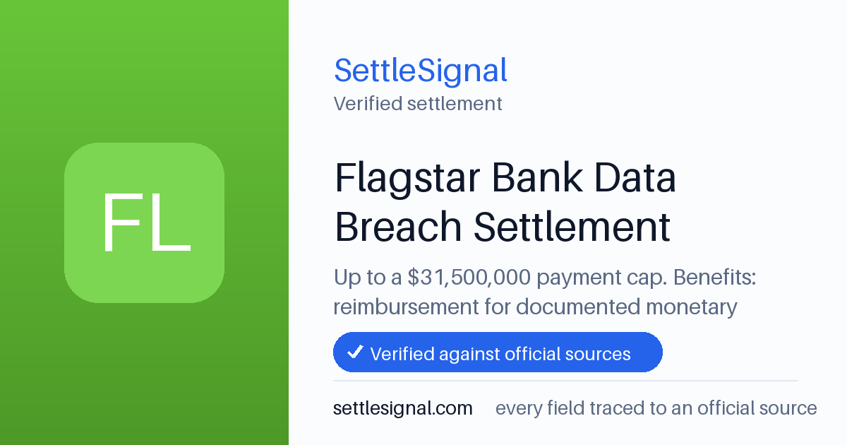 SettleSignal summary card for Flagstar Bank Data Breach Settlement — up to $31.5M, claim by August 11, 2026. Checked against the official settlement source on June 15, 2026.