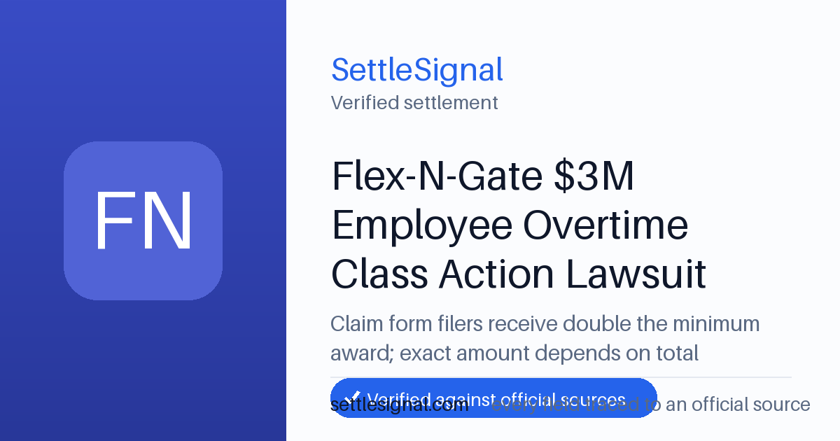 SettleSignal summary card for Flex-N-Gate $3M Employee Overtime Class Action Lawsuit, claim by August 7, 2026. Checked against the official settlement source on June 17, 2026.