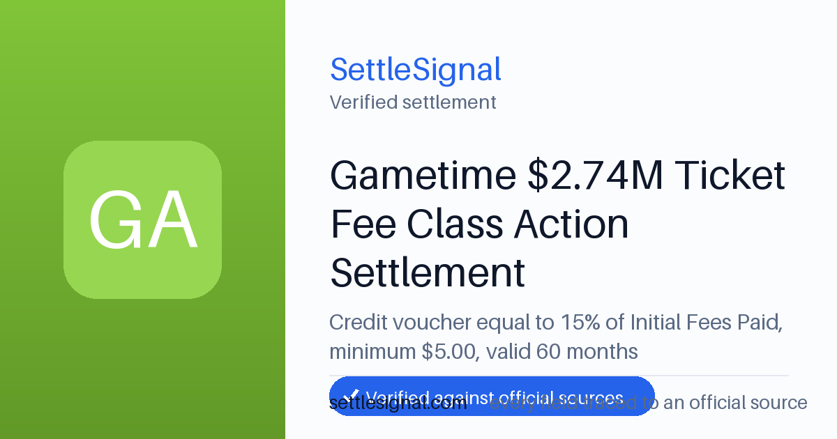 SettleSignal summary card for Gametime $2.74M Ticket Fee Class Action Settlement — $5. Checked against the official settlement source on June 17, 2026.
