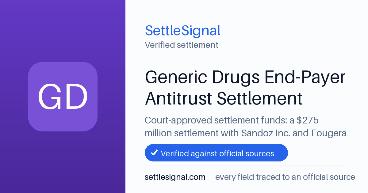 SettleSignal summary card for Generic Drugs End-Payer Antitrust Settlement — $275M fund, claim by November 9, 2026. Checked against the official settlement source on July 17, 2026.