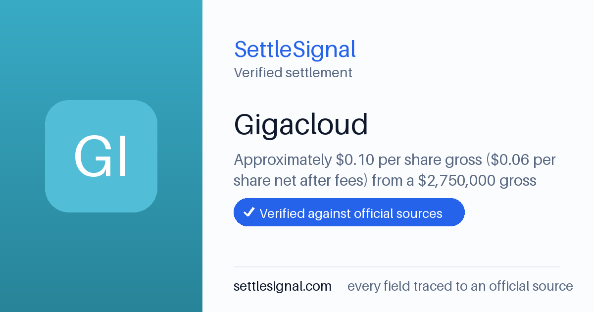 SettleSignal summary card for Gigacloud, claim by October 6, 2025. Checked against the official settlement source on June 19, 2026.