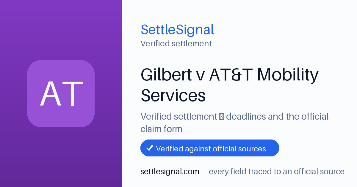 SettleSignal summary card for Gilbert v AT&T Mobility Services. Checked against the official settlement source on June 17, 2026.