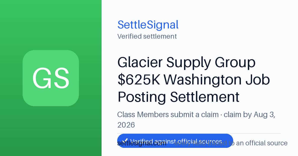 SettleSignal summary card for Glacier Supply Group $625K Washington Job Posting Settlement, claim by August 3, 2026. Checked against the official settlement source on June 17, 2026.