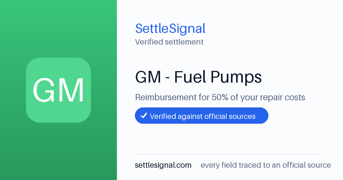 SettleSignal summary card for GM - Fuel Pumps, claim by July 5, 2026. Checked against the official settlement source on June 16, 2026.