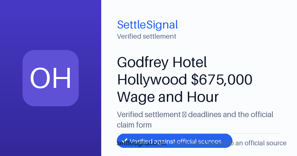 SettleSignal summary card for Godfrey Hotel Hollywood $675,000 Wage and Hour Settlement. Checked against the official settlement source on June 19, 2026.