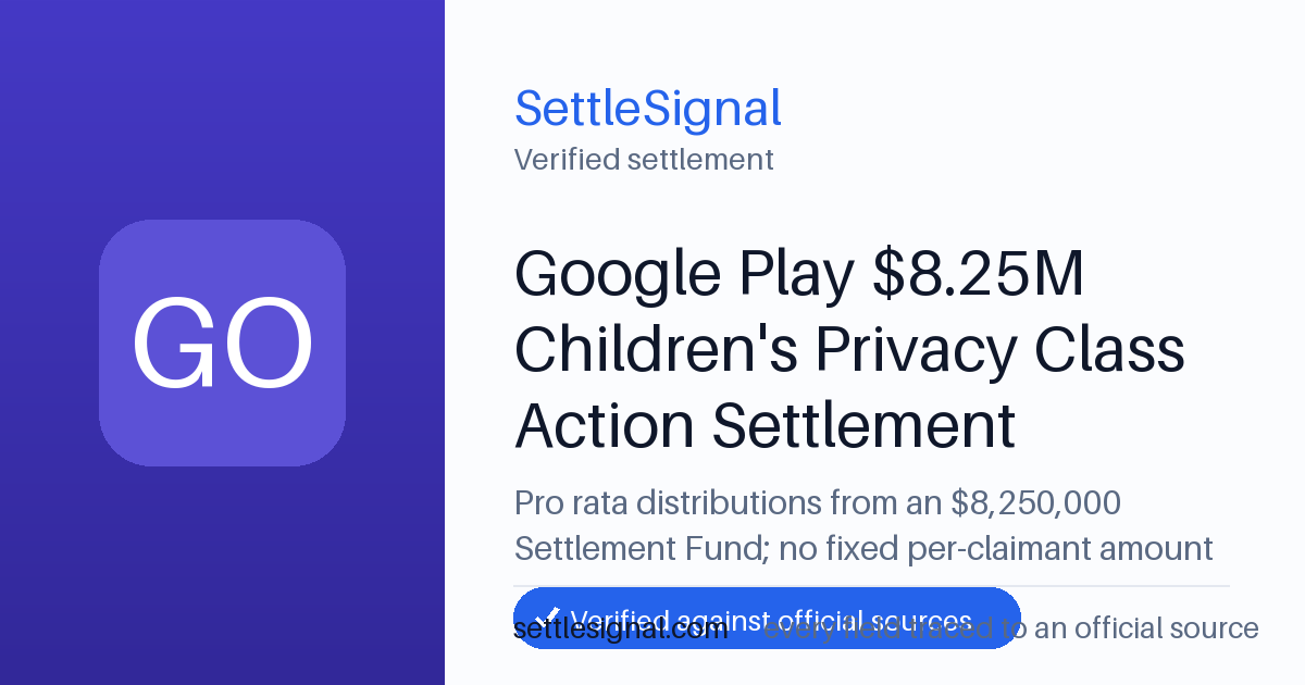 SettleSignal summary card for Google Play $8.25M Children's Privacy Class Action Settlement — $8.2M fund, claim by September 14, 2026. Checked against the official settlement source on June 19, 2026.