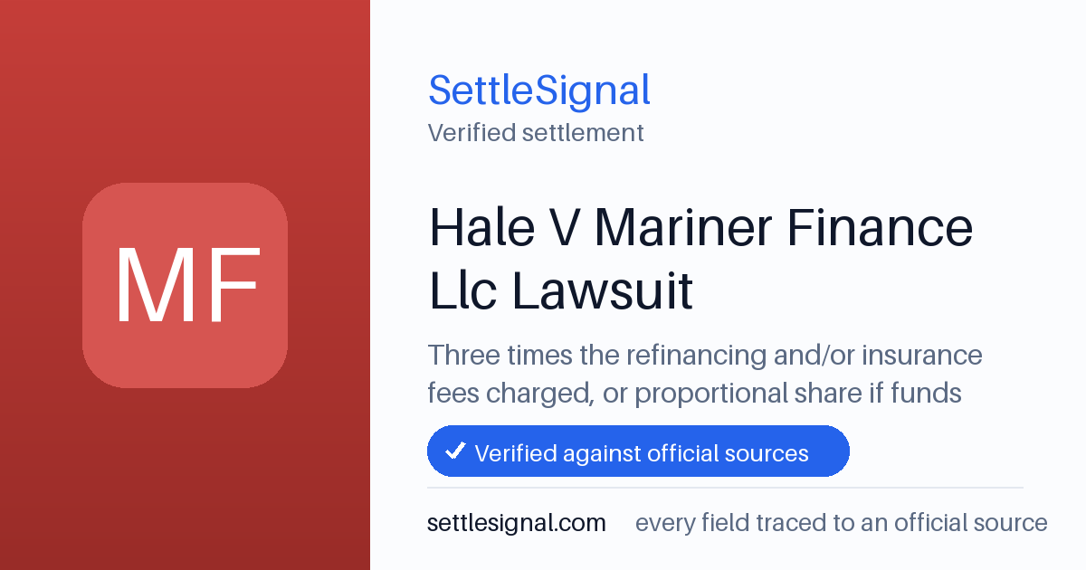 SettleSignal summary card for Hale V Mariner Finance Llc Lawsuit, claim by March 17, 2019. Checked against the official settlement source on June 18, 2026.