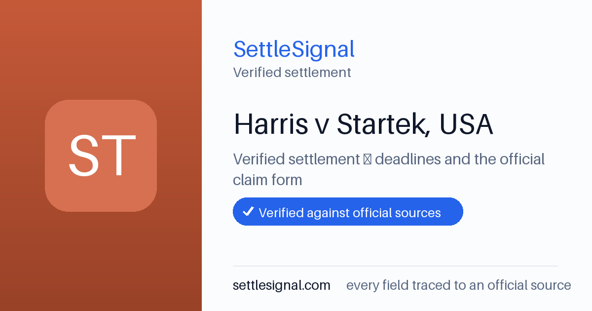 SettleSignal summary card for Harris v Startek, USA. Checked against the official settlement source on June 17, 2026.