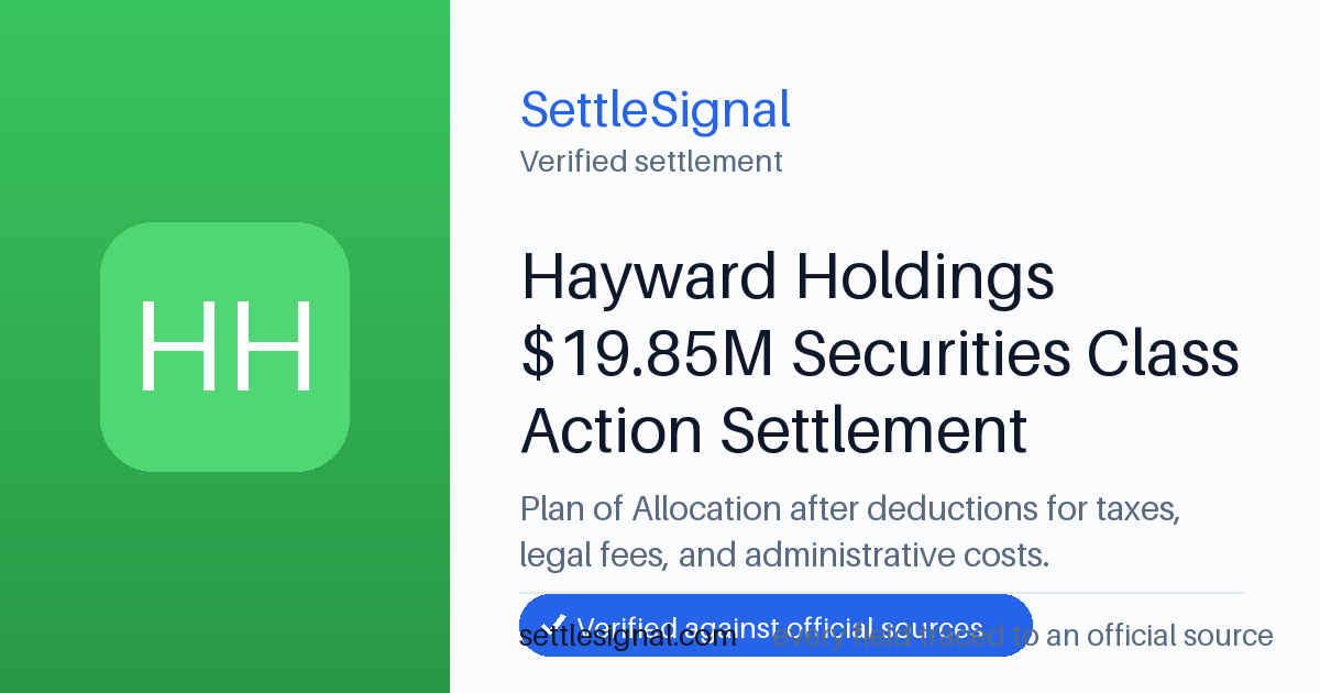 SettleSignal summary card for Hayward Holdings $19.85M Securities Class Action Settlement, claim by June 19, 2026. Checked against the official settlement source on June 18, 2026.
