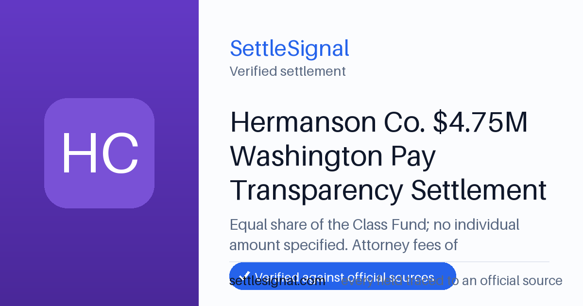SettleSignal summary card for Hermanson Co. $4.75M Washington Pay Transparency Settlement — $1,583,333.33 fund. Checked against the official settlement source on June 17, 2026.