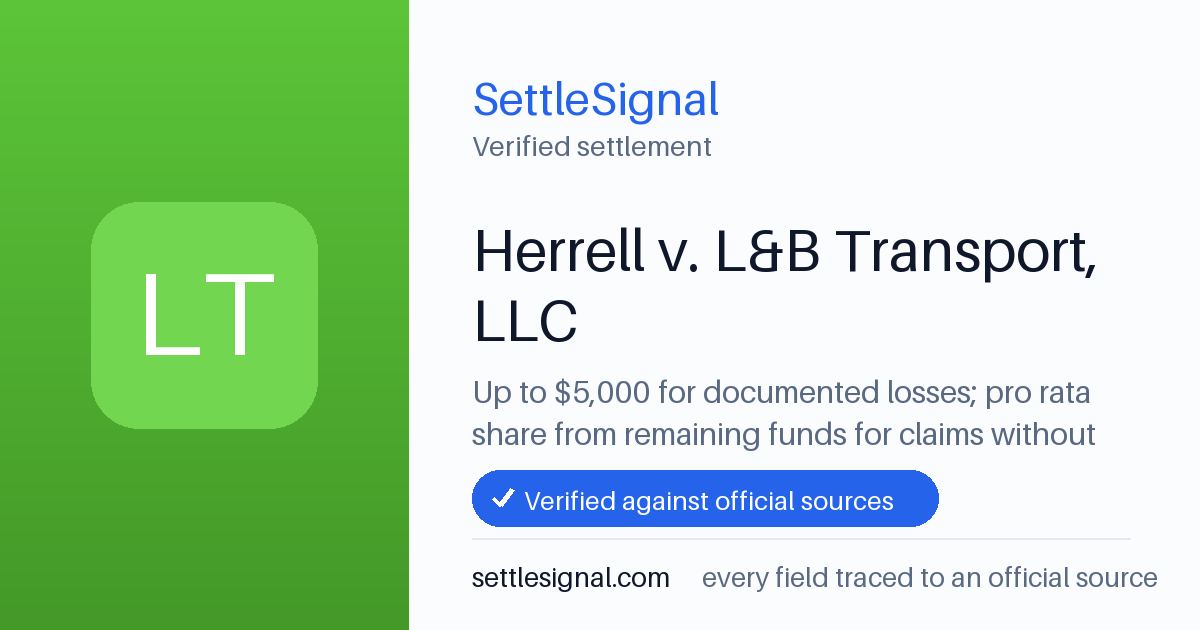 SettleSignal summary card for Herrell v. L&B Transport, LLC — up to $5,000, claim by July 9, 2025. Checked against the official settlement source on June 17, 2026.