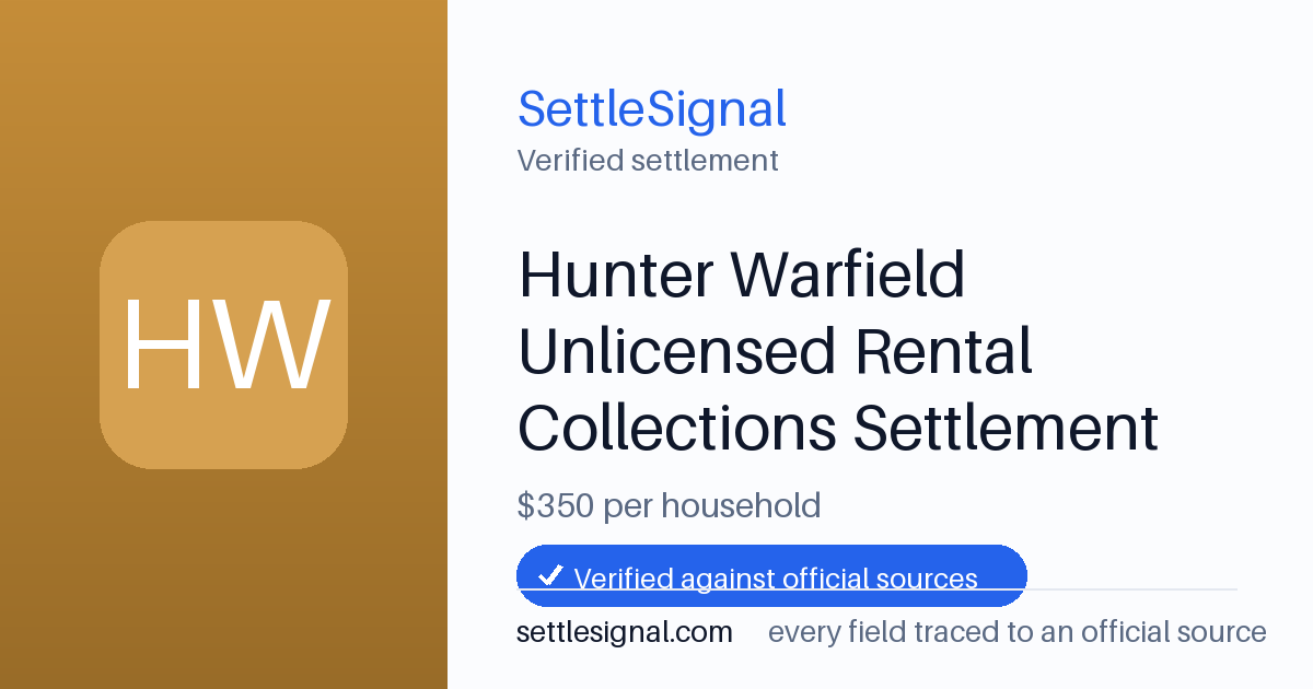 SettleSignal summary card for Hunter Warfield Unlicensed Rental Collections Settlement — $350. Checked against the official settlement source on June 19, 2026.