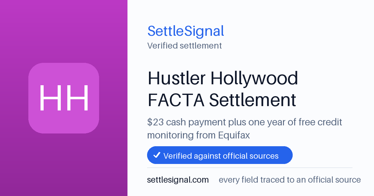 SettleSignal summary card for Hustler Hollywood FACTA Settlement — $23, claim by July 27, 2026. Checked against the official settlement source on June 9, 2026.