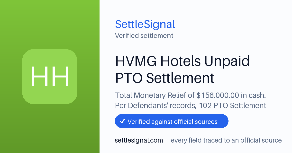 SettleSignal summary card for HVMG Hotels Unpaid PTO Settlement — $156,000. Checked against the official settlement source on July 8, 2026.