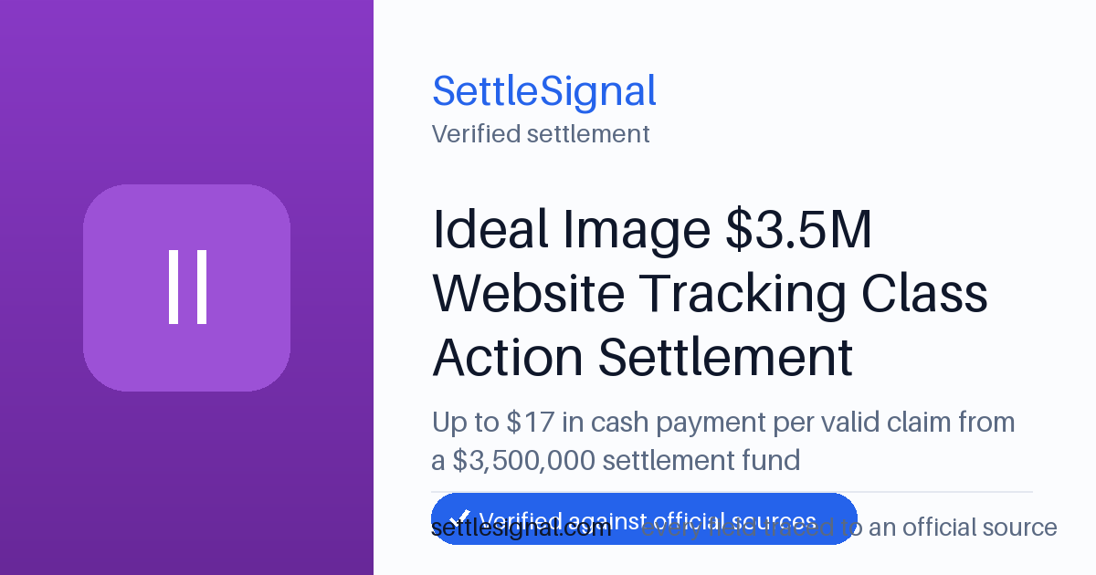 SettleSignal summary card for Ideal Image $3.5M Website Tracking Class Action Settlement — up to $17, claim by April 27, 2026. Checked against the official settlement source on June 19, 2026.