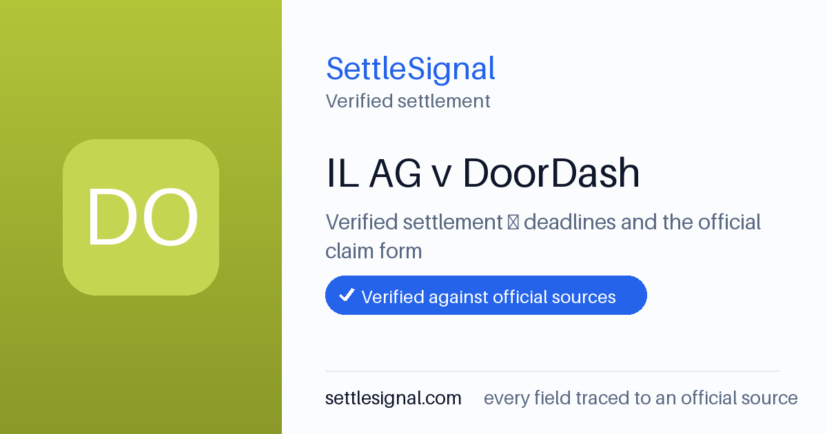 SettleSignal summary card for IL AG v DoorDash, claim by February 10, 2025. Checked against the official settlement source on June 16, 2026.