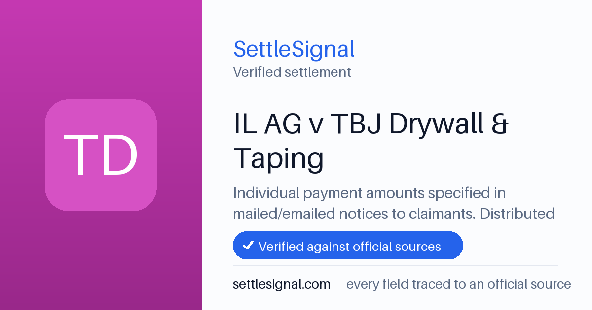 SettleSignal summary card for IL AG v TBJ Drywall & Taping, claim by January 11, 2028. Checked against the official settlement source on June 15, 2026.
