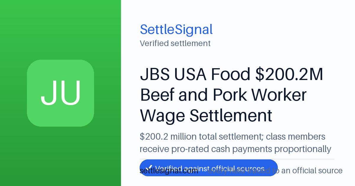 SettleSignal summary card for JBS USA Food $200.2M Beef and Pork Worker Wage Settlement — $200.2M, claim by October 7, 2026. Checked against the official settlement source on June 19, 2026.