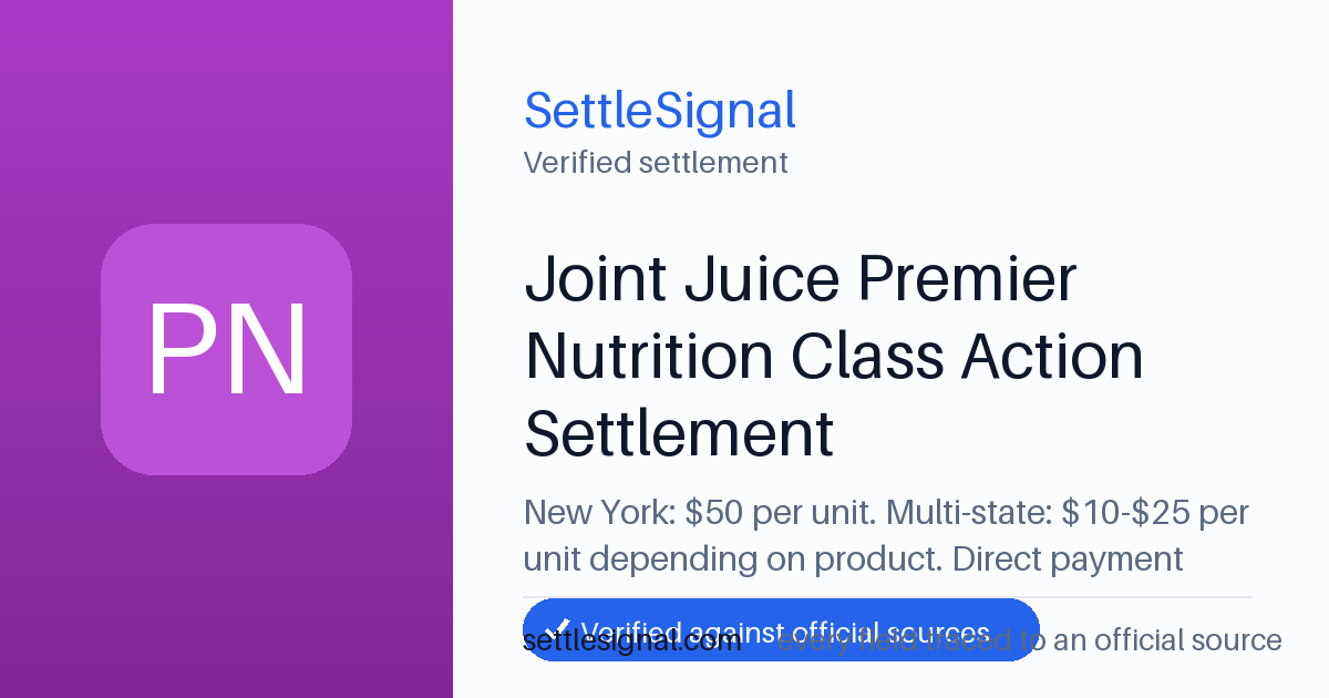 SettleSignal summary card for Joint Juice Premier Nutrition Class Action Settlement — $50, claim by May 15, 2026. Checked against the official settlement source on June 9, 2026.