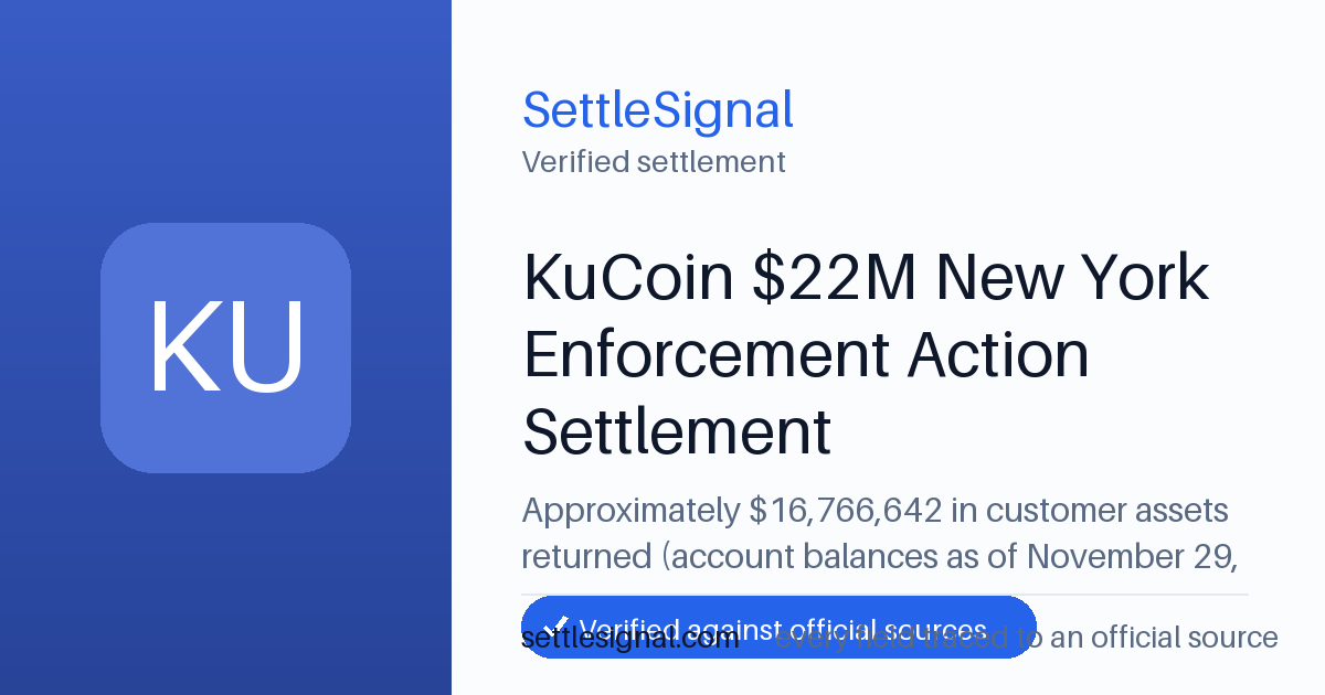 SettleSignal summary card for KuCoin $22M New York Enforcement Action Settlement — $16.8M, claim by February 28, 2029. Checked against the official settlement source on June 19, 2026.