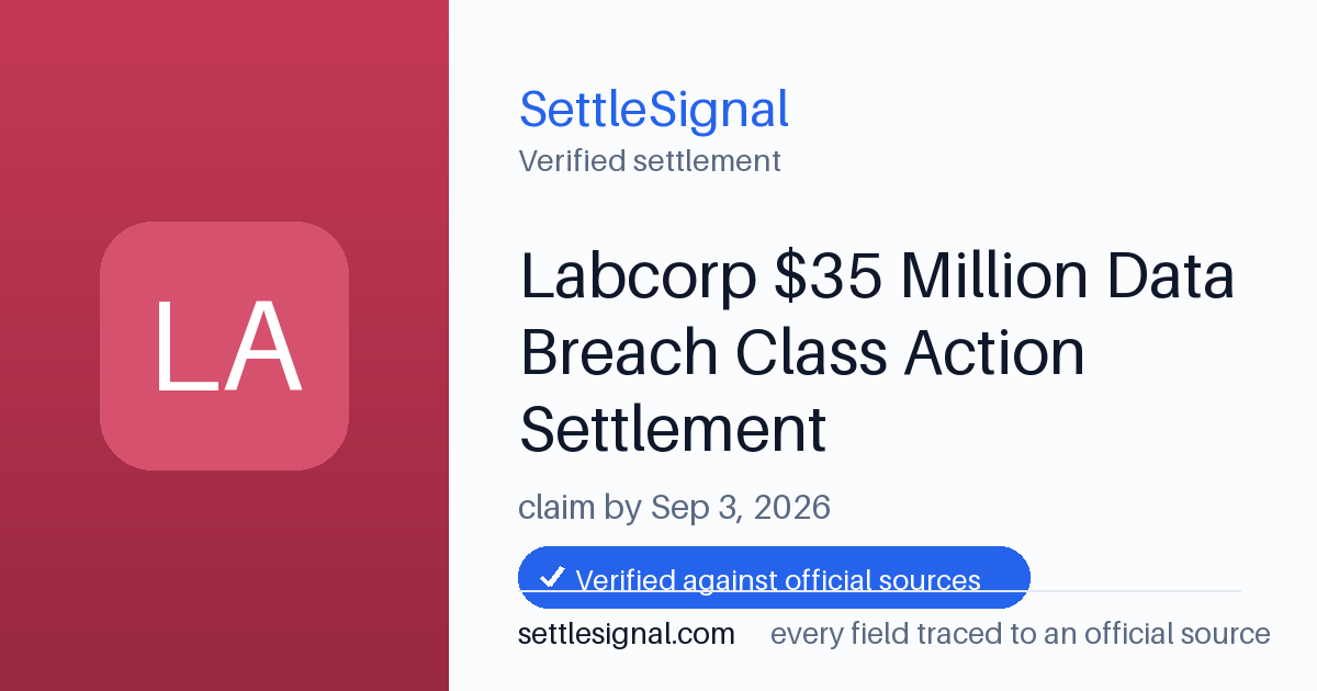 SettleSignal summary card for Labcorp $35 Million Data Breach Class Action Settlement, claim by September 3, 2026. Checked against the official settlement source on June 17, 2026.