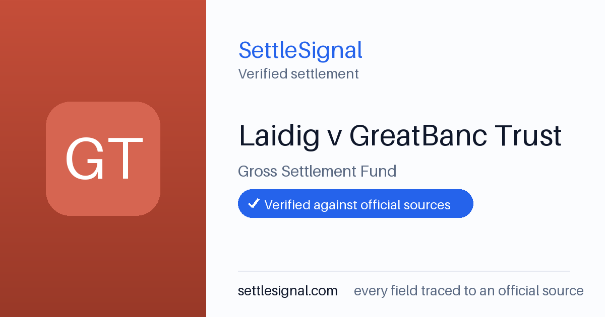 SettleSignal summary card for Laidig v GreatBanc Trust. Checked against the official settlement source on June 17, 2026.