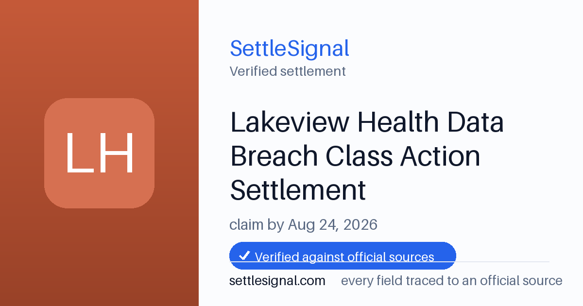 SettleSignal summary card for Lakeview Health Data Breach Class Action Settlement, claim by August 24, 2026. Checked against the official settlement source on July 26, 2026.