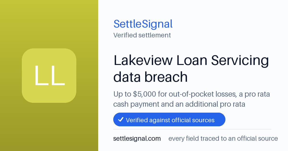 SettleSignal summary card for Lakeview Loan Servicing data breach — up to $5,000, claim by June 22, 2026. Checked against the official settlement source on June 17, 2026.