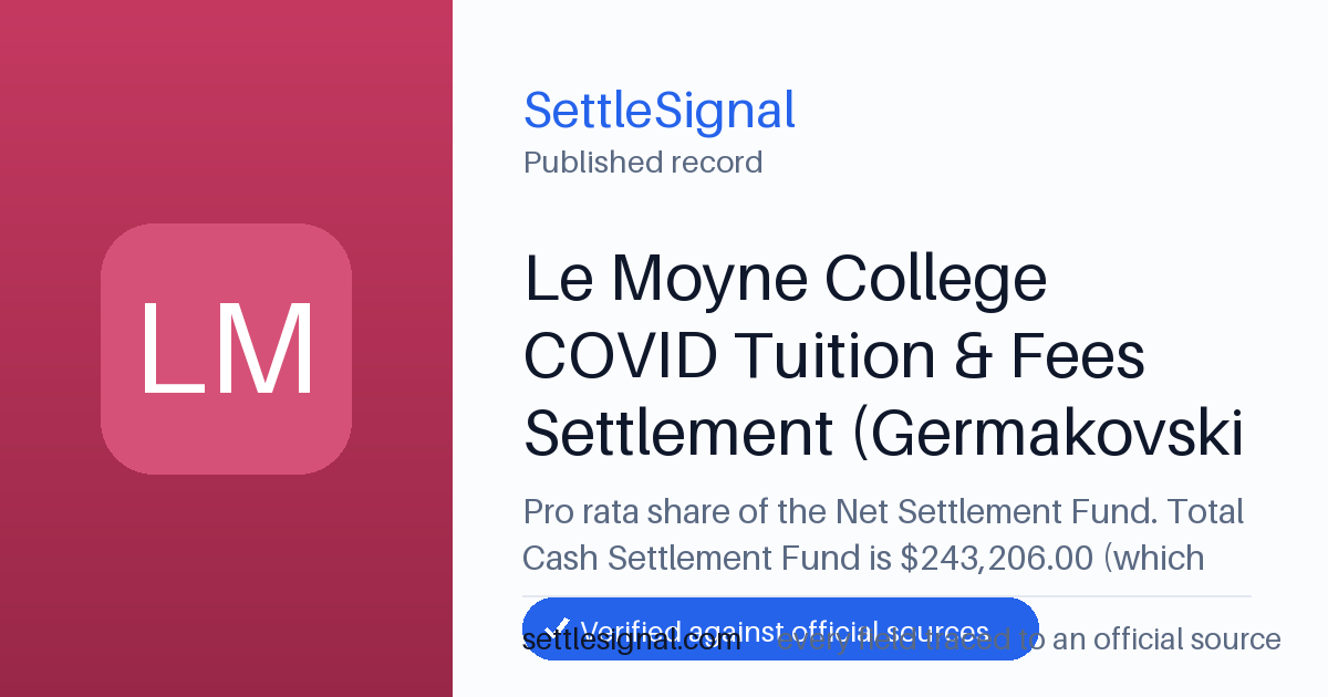 SettleSignal summary card for Le Moyne College COVID Tuition & Fees Settlement (Germakovski v. Le Moyne College) — $243,206 fund. Accepted official evidence on file.