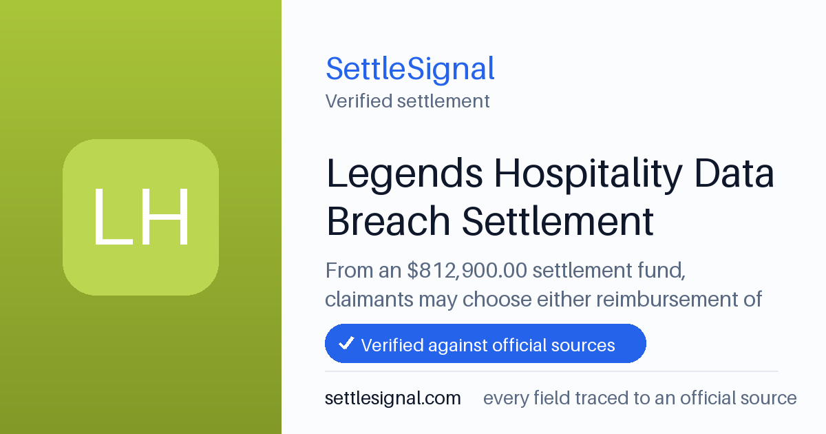 SettleSignal summary card for Legends Hospitality Data Breach Settlement — $812,900 fund, claim by August 19, 2026. Checked against the official settlement source on July 17, 2026.