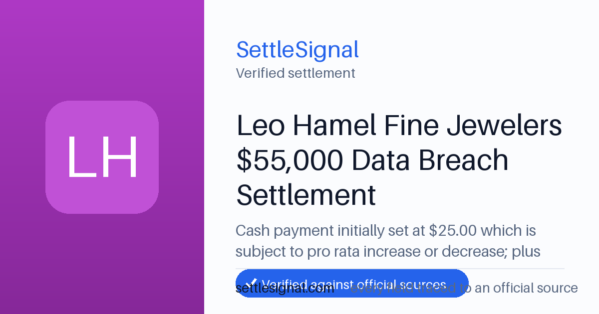SettleSignal summary card for Leo Hamel Fine Jewelers $55,000 Data Breach Settlement — $25, claim by August 3, 2026. Checked against the official settlement source on June 19, 2026.