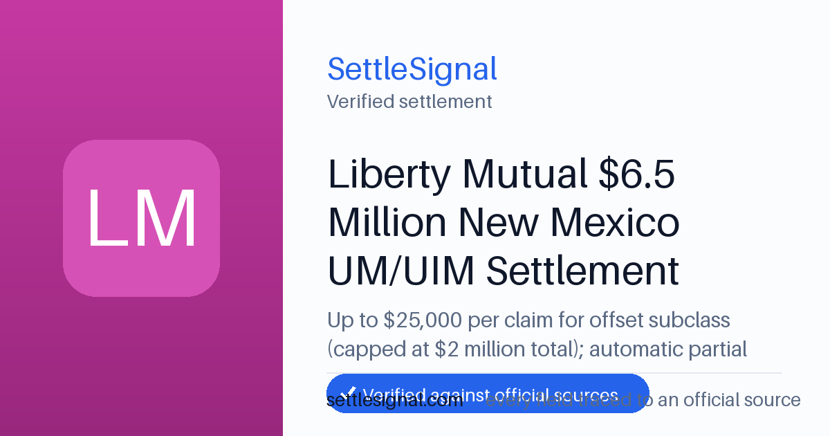 SettleSignal summary card for Liberty Mutual $6.5 Million New Mexico UM/UIM Settlement — up to $25,000, claim by April 30, 2026. Checked against the official settlement source on June 19, 2026.