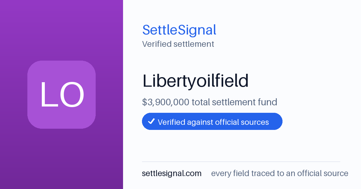 SettleSignal summary card for Libertyoilfield — $3.9M fund, claim by September 16, 2022. Checked against the official settlement source on June 18, 2026.