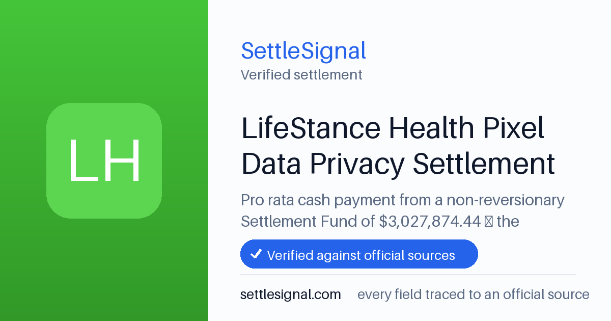 SettleSignal summary card for LifeStance Health Pixel Data Privacy Settlement — $3,027,874.44 fund, claim by September 29, 2026. Checked against the official settlement source on July 17, 2026.