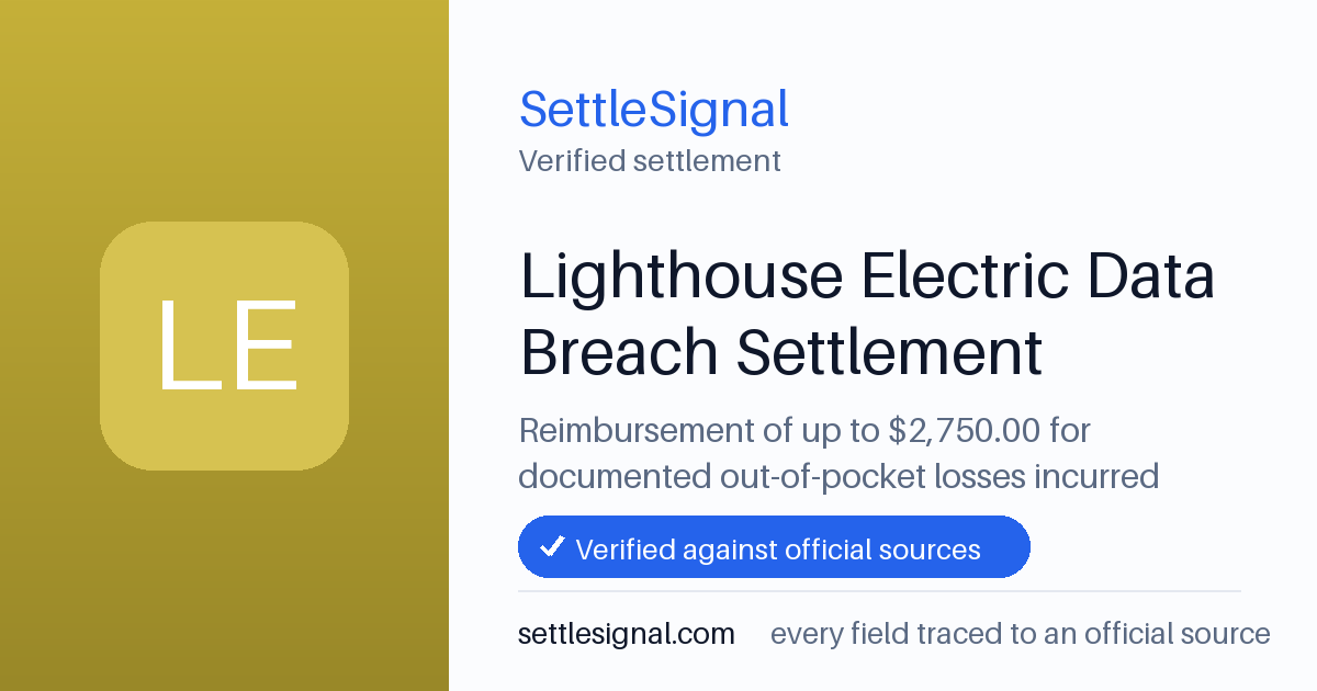 SettleSignal summary card for Lighthouse Electric Data Breach Settlement — up to $2,750, claim by September 14, 2026. Checked against the official settlement source on July 8, 2026.