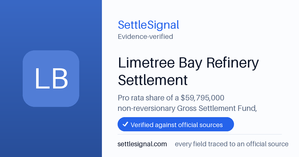 SettleSignal summary card for Limetree Bay Refinery Settlement — $59.8M fund, claim by November 3, 2026. Accepted official evidence on file.