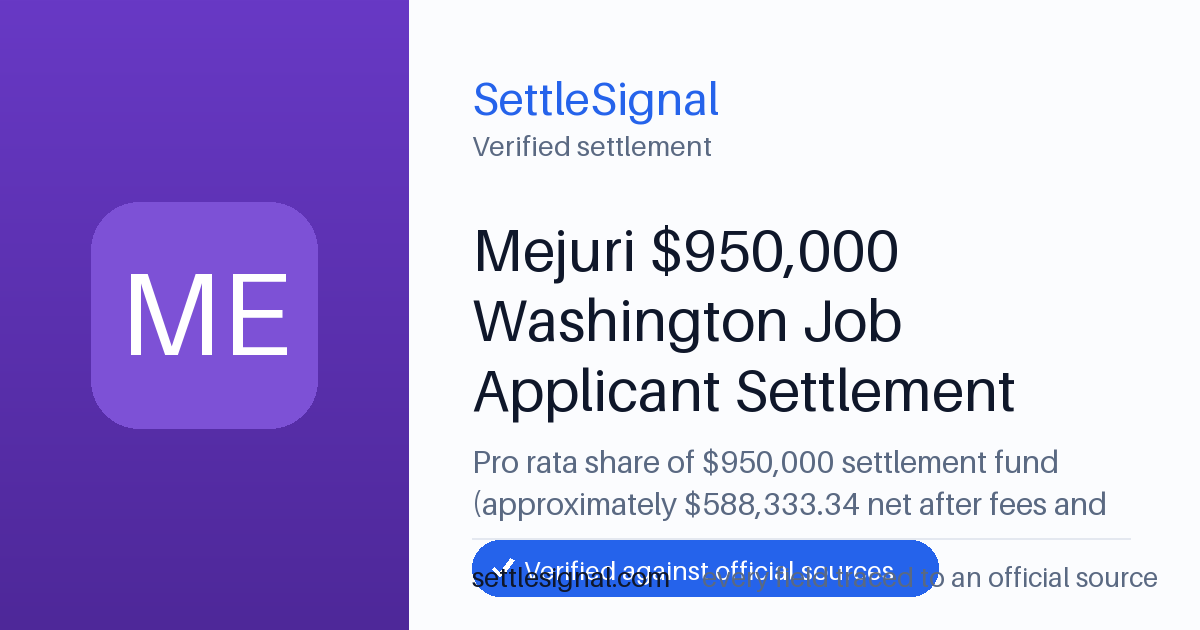 SettleSignal summary card for Mejuri $950,000 Washington Job Applicant Settlement — $950,000 fund. Checked against the official settlement source on June 19, 2026.