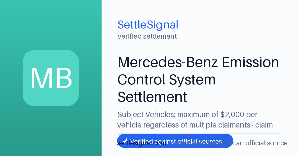 SettleSignal summary card for Mercedes-Benz Emission Control System Settlement — $2,000, claim by September 30, 2026. Checked against the official settlement source on June 19, 2026.