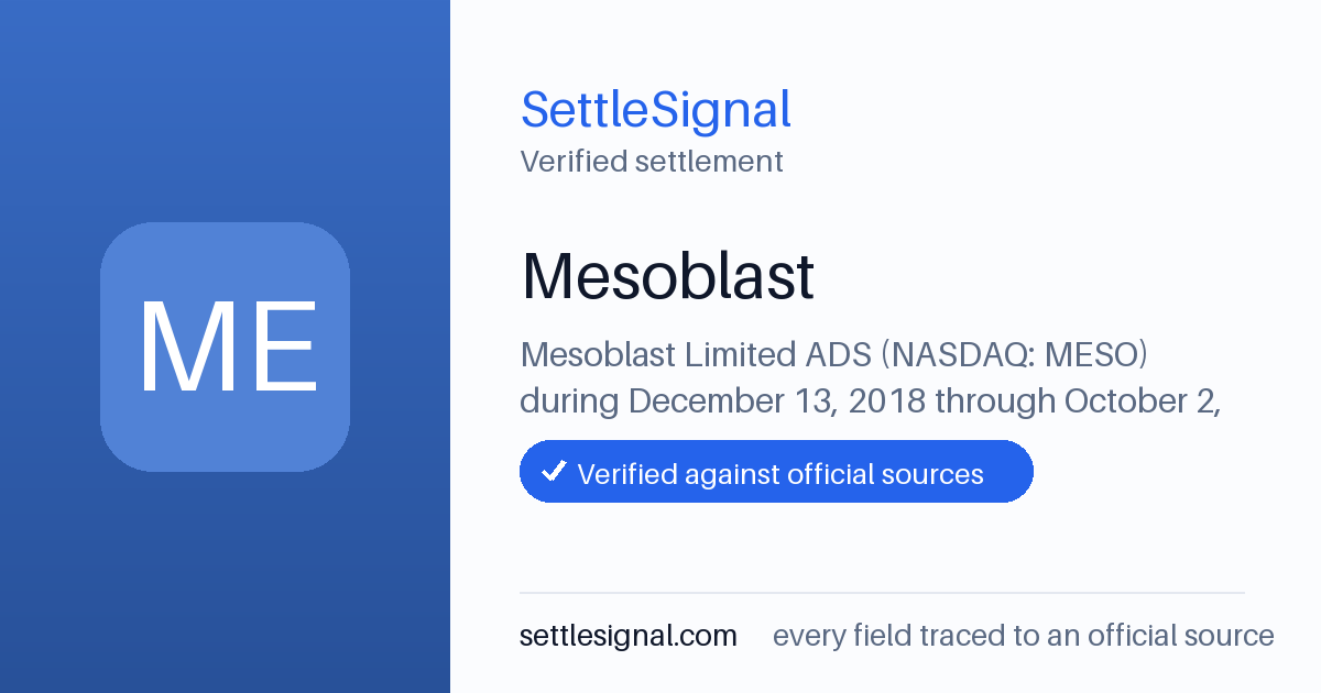 SettleSignal summary card for Mesoblast, claim by August 7, 2022. Checked against the official settlement source on June 18, 2026.