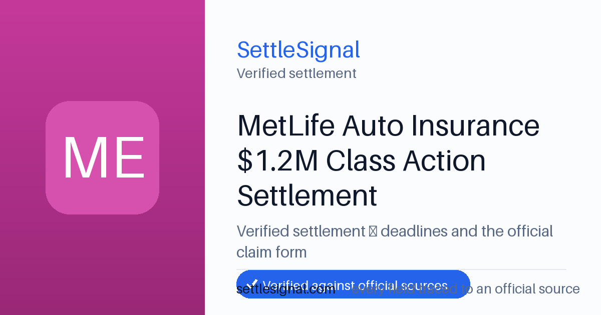 SettleSignal summary card for MetLife Auto Insurance $1.2M Class Action Settlement. Checked against the official settlement source on June 19, 2026.